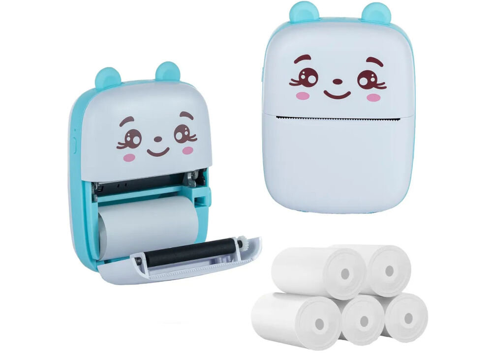 Drukarka EXTRALINK EPP-002 Złącze USB Niebieski + Papier termiczny zwykły (5 szt.) drukarka z otwartą i zamkniętą pokrywą obok rolki papieru białe tło 6 rolek papieru rozpoczęcie pracy od razu po zakupie kompletny pakiet