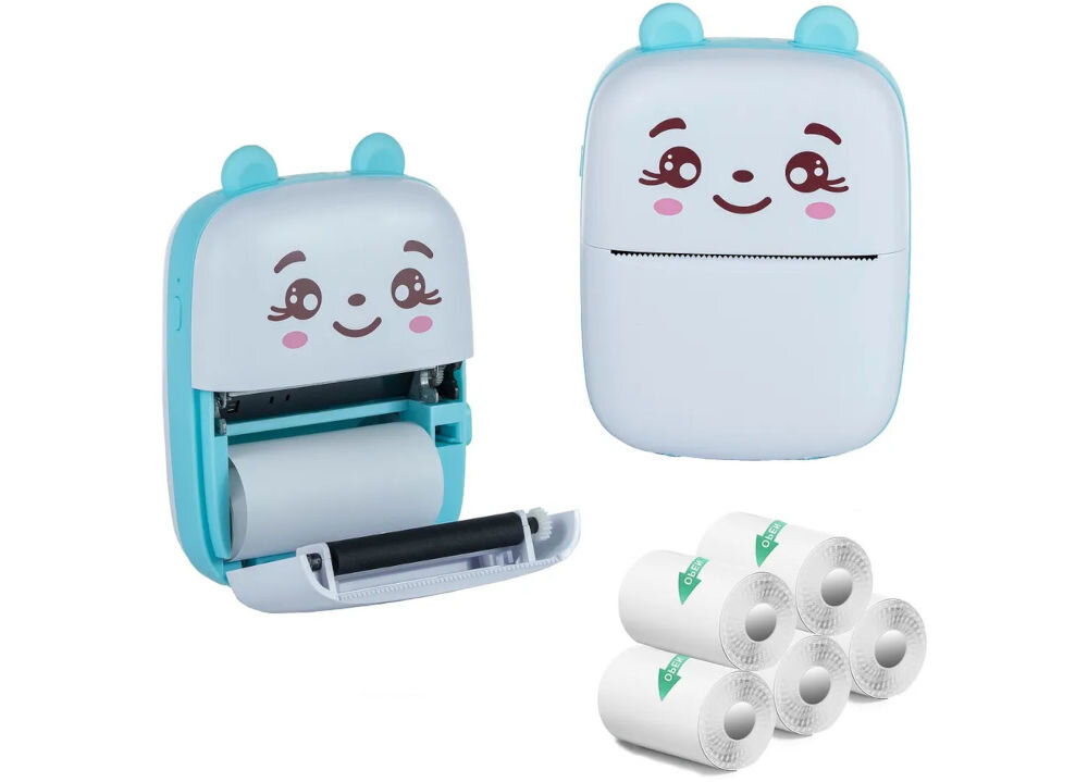 Drukarka EXTRALINK EPP-002 Złącze USB Niebieski + Papier termiczny samoprzylepny (5 szt.) drukarka z otwartą i zamkniętą pokrywą obok rolki papieru białe tło 6 rolek papieru rozpoczęcie pracy od razu po zakupie kompletny pakiet