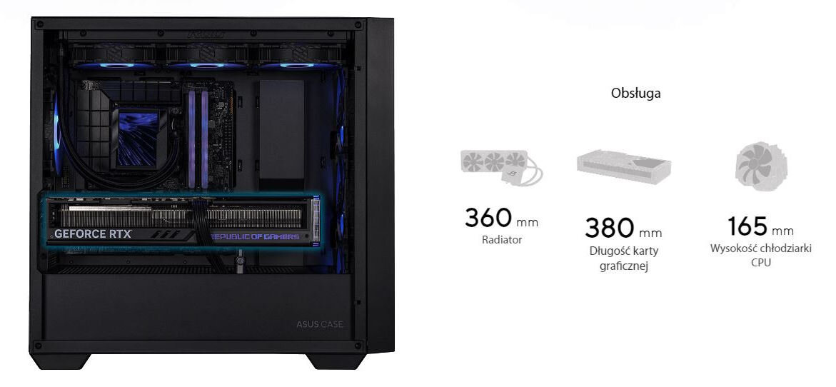 Obudowa ASUS A21 Plus Czarny kompatybilność chłodziarki do 360 mm karty graficzne do 380 mm układy chłodzenia do 165 mm wysokości