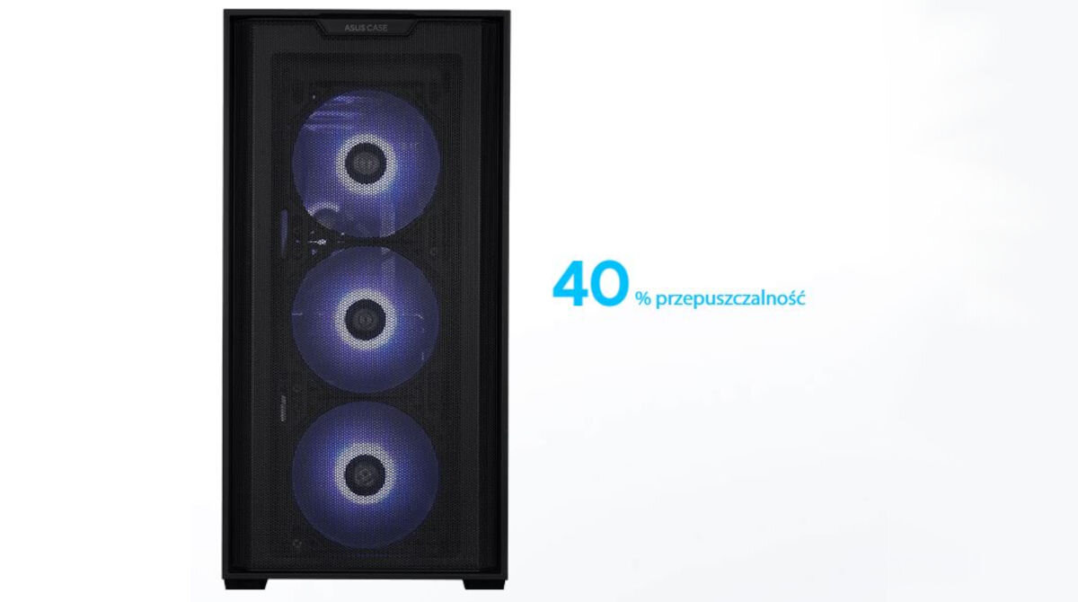 Obudowa ASUS A21 Plus Czarny siatkowa powierzchnia panelu przedniego przepuszczalność powietrza na poziomie 40% 3 wentylatory podświetlenie RGB