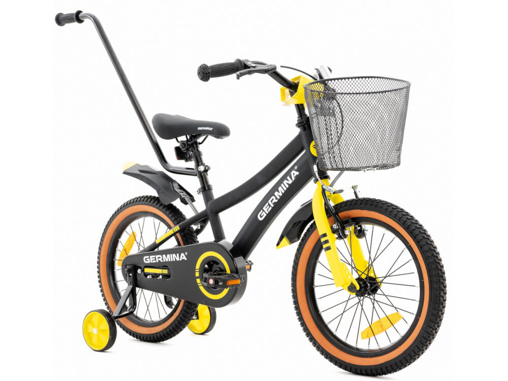 Rower dziecięcy GERMINA BMX 16 cali Czarny czarna kolorystyka elegancki dla dzieci wiek przeznaczenie jazda na rowerze