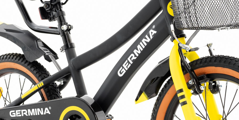 Rower dziecięcy GERMINA BMX 16 cali Czarny przyjemna komfortowa jazda stalowa rama odporność na uszkodzenia elegancki wygląd geometria dla najmłodszych lekki