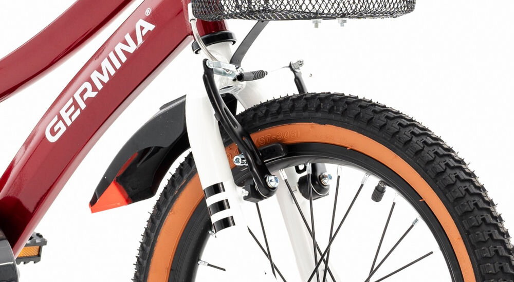Rower dziecięcy GERMINA BMX 16 cali Czerwony sprawne hamulce przedni tylny hamulec niezawodne lekkie przeszkoda zatrzymanie