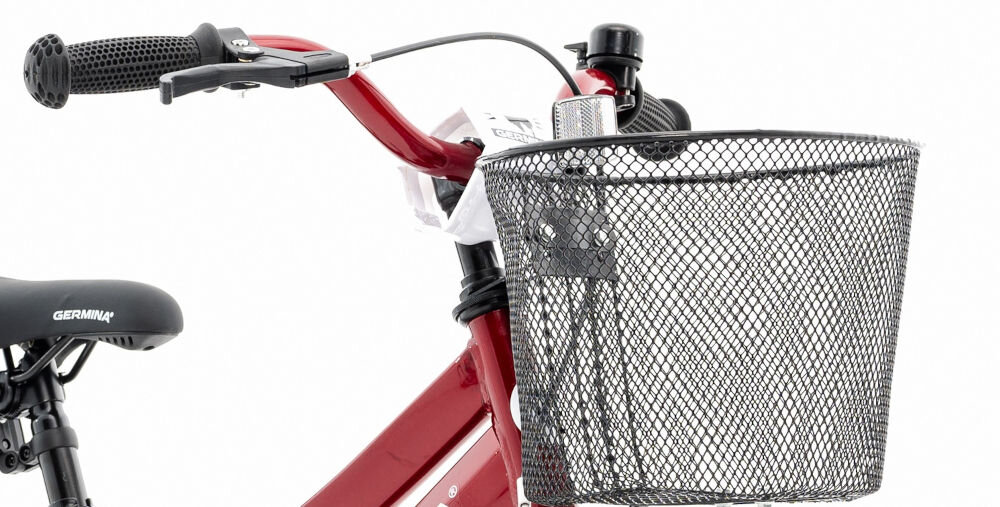 Rower dziecięcy GERMINA BMX 16 cali Czerwony uchwyty kierownicy antypoślizgowy materiał wyprofilowane kontrola nad pojazdem pewność uroki jazdy koszyk