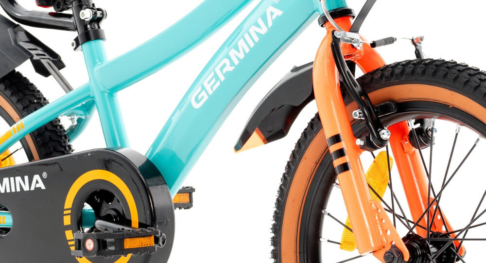 Rower dziecięcy GERMINA BMX 16 cali Turkusowy przyjemna komfortowa jazda stalowa rama odporność na uszkodzenia elegancki wygląd geometria dla najmłodszych lekki