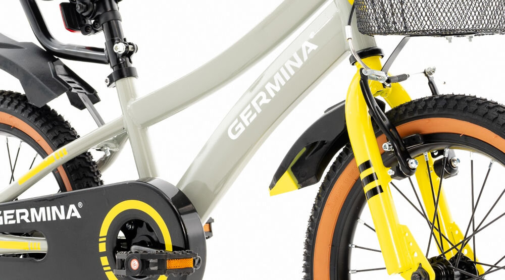 Rower dziecięcy GERMINA BMX 16 cali Szary przyjemna komfortowa jazda stalowa rama odporność na uszkodzenia elegancki wygląd geometria dla najmłodszych lekki