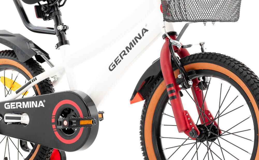 Rower dziecięcy GERMINA BMX 16 cali Biały przyjemna komfortowa jazda stalowa rama odporność na uszkodzenia elegancki wygląd geometria dla najmłodszych lekki