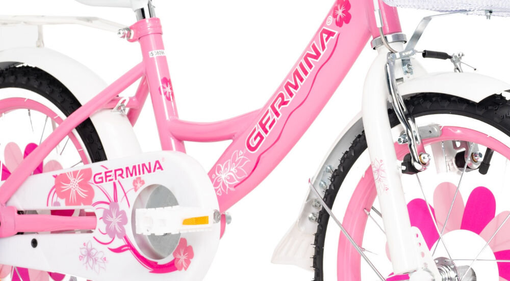 Rower dziecięcy GERMINA BMX 16 cali dla dziewczynki Różowy przyjemna komfortowa jazda stalowa rama odporność na uszkodzenia elegancki wygląd geometria dla najmłodszych lekki
