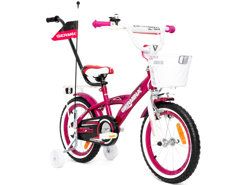 Rower dziecięcy GERMINA BMX 16 cali dla dziewczynki Fuksjowy kolorystyka elegancki dla dzieci wiek przeznaczenie jazda na rowerze