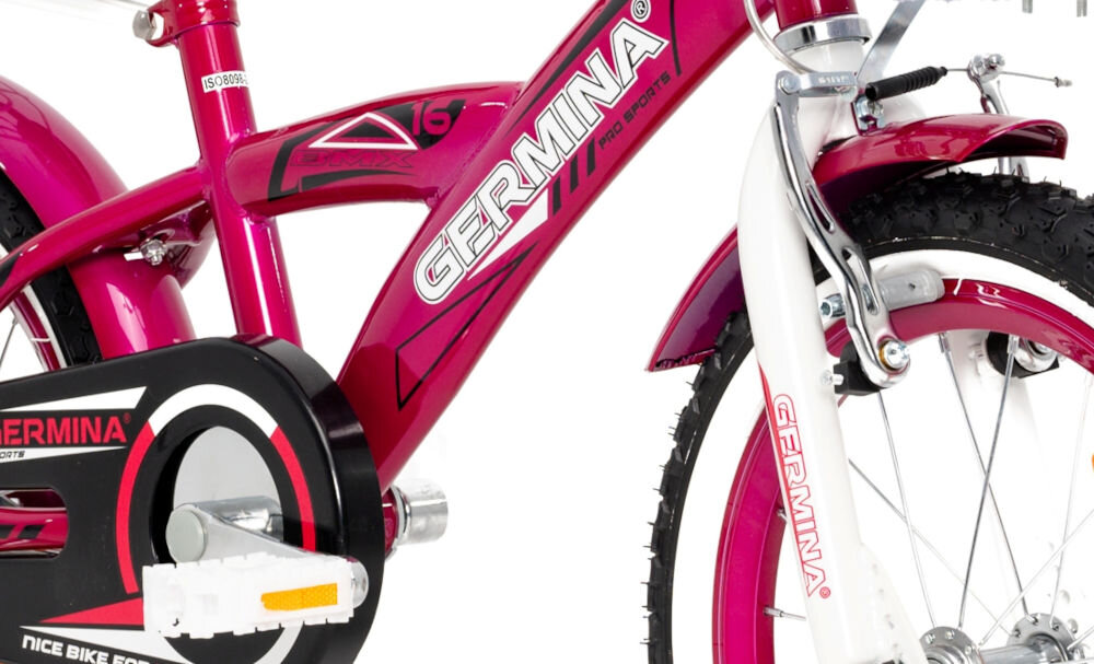 Rower dziecięcy GERMINA BMX 16 cali dla dziewczynki Fuksjowy przyjemna komfortowa jazda stalowa rama odporność na uszkodzenia elegancki wygląd geometria dla najmłodszych lekki