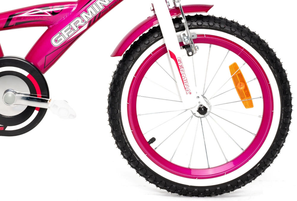 Rower dziecięcy GERMINA BMX 16 cali dla dziewczynki Fuksjowy koła jednoślad przygoda boczne kółka faza nauki łańcuch osłona błotniki 