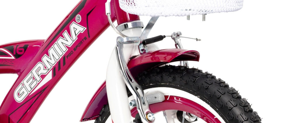 Rower dziecięcy GERMINA BMX 16 cali dla dziewczynki Fuksjowy sprawne hamulce przedni tylny hamulec niezawodne lekkie przeszkoda zatrzymanie 