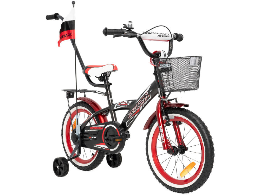 Rower dziecięcy GERMINA BMX 16 cali dla chłopca Czarno-czerwony kolorystyka elegancki dla dzieci wiek przeznaczenie jazda na rowerze