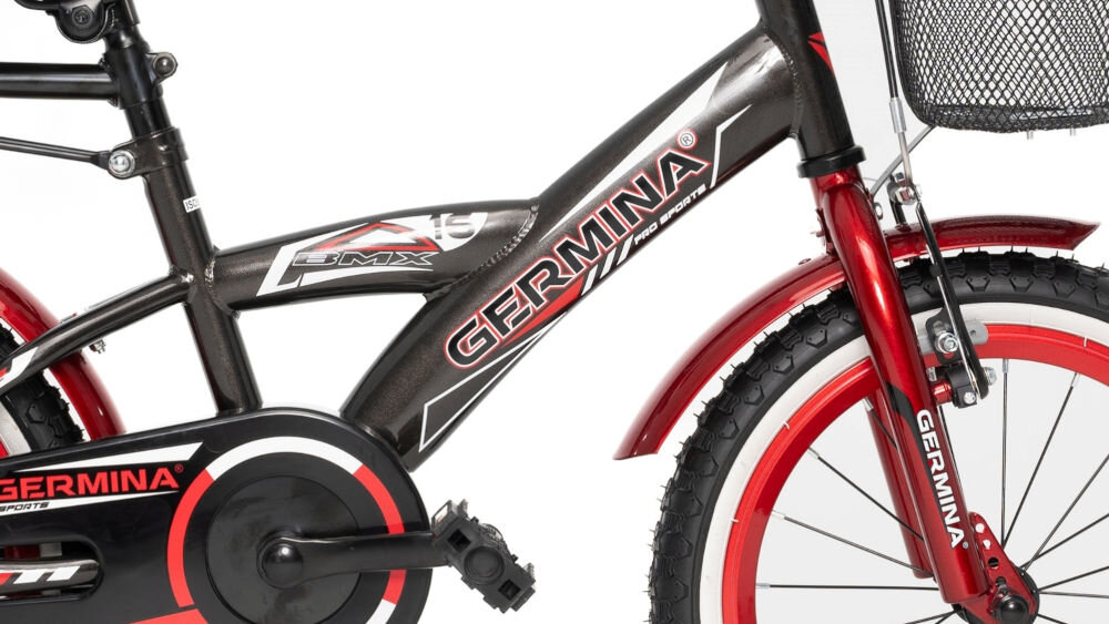 Rower dziecięcy GERMINA BMX 16 cali dla chłopca Czarno-czerwony przyjemna komfortowa jazda stalowa rama odporność na uszkodzenia elegancki wygląd geometria dla najmłodszych lekki