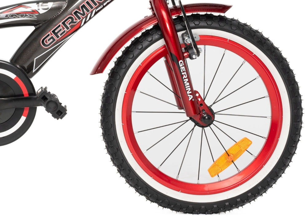 Rower dziecięcy GERMINA BMX 16 cali dla chłopca Czarno-czerwony koła jednoślad przygoda boczne kółka faza nauki łańcuch osłona błotniki 