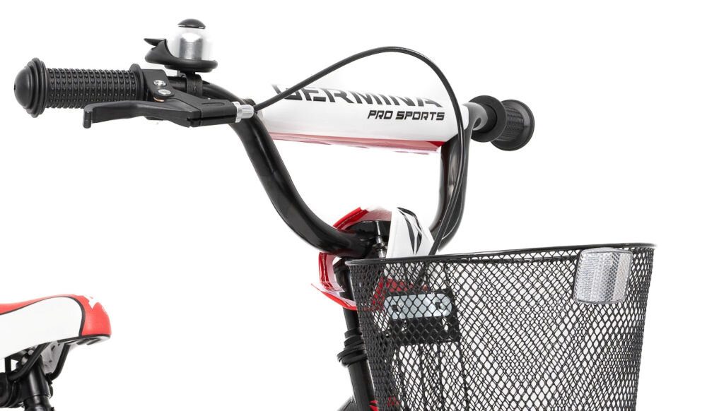 Rower dziecięcy GERMINA BMX 16 cali dla chłopca Czarno-czerwony uchwyty kierownicy antypoślizgowy materiał wyprofilowane kontrola nad pojazdem pewność uroki jazdy koszyk 
