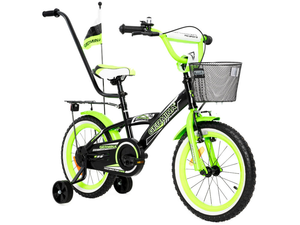 Rower dziecięcy GERMINA BMX 16 cali dla chłopca Czarno-zielony kolorystyka elegancki dla dzieci wiek przeznaczenie jazda na rowerze
