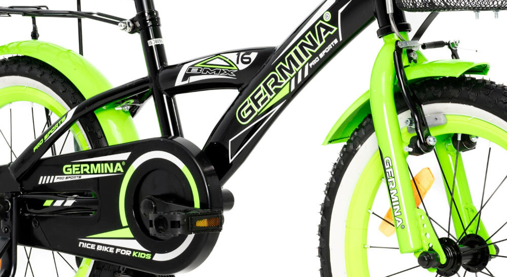 Rower dziecięcy GERMINA BMX 16 cali dla chłopca Czarno-zielony przyjemna komfortowa jazda stalowa rama odporność na uszkodzenia elegancki wygląd geometria dla najmłodszych lekki