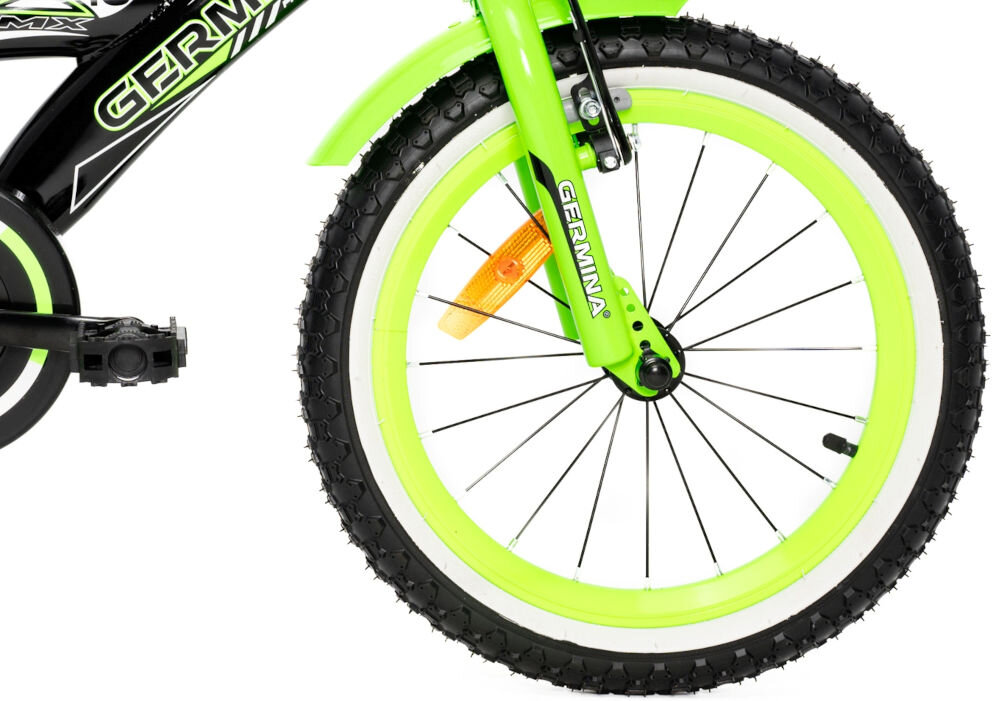 Rower dziecięcy GERMINA BMX 16 cali dla chłopca Czarno-zielony koła jednoślad przygoda boczne kółka faza nauki łańcuch osłona błotniki 