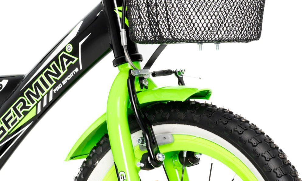 Rower dziecięcy GERMINA BMX 16 cali dla chłopca Czarno-zielony sprawne hamulce przedni tylny hamulec niezawodne lekkie przeszkoda zatrzymanie 