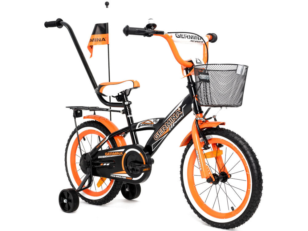 Rower dziecięcy GERMINA BMX 16 cali dla chłopca Czarno-pomarańczowy kolorystyka elegancki dla dzieci wiek przeznaczenie jazda na rowerze