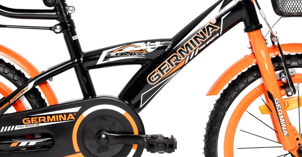 Rower dziecięcy GERMINA BMX 16 cali dla chłopca Czarno-pomarańczowy przyjemna komfortowa jazda stalowa rama odporność na uszkodzenia elegancki wygląd geometria dla najmłodszych lekki