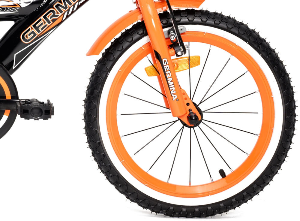 Rower dziecięcy GERMINA BMX 16 cali dla chłopca Czarno-pomarańczowy koła jednoślad przygoda boczne kółka faza nauki łańcuch osłona błotniki 