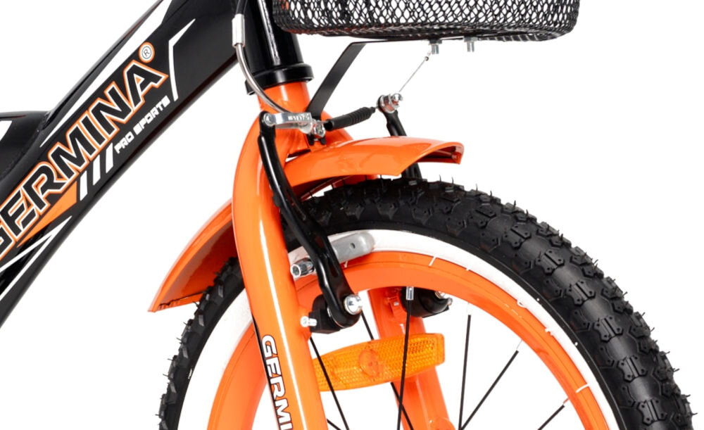 Rower dziecięcy GERMINA BMX 16 cali dla chłopca Czarno-pomarańczowy sprawne hamulce przedni tylny hamulec niezawodne lekkie przeszkoda zatrzymanie 