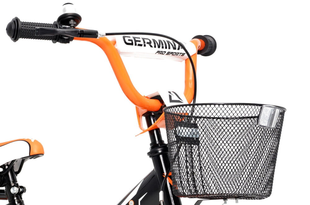 Rower dziecięcy GERMINA BMX 16 cali dla chłopca Czarno-pomarańczowy uchwyty kierownicy antypoślizgowy materiał wyprofilowane kontrola nad pojazdem pewność uroki jazdy koszyk 