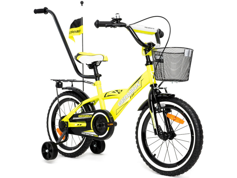 Rower dziecięcy GERMINA BMX 16 cali dla chłopca Żółty kolorystyka elegancki dla dzieci wiek przeznaczenie jazda na rowerze