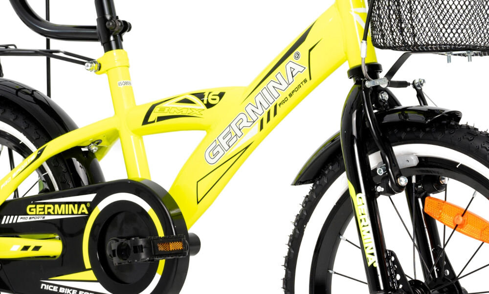 Rower dziecięcy GERMINA BMX 16 cali dla chłopca Żółty przyjemna komfortowa jazda stalowa rama odporność na uszkodzenia elegancki wygląd geometria dla najmłodszych lekki