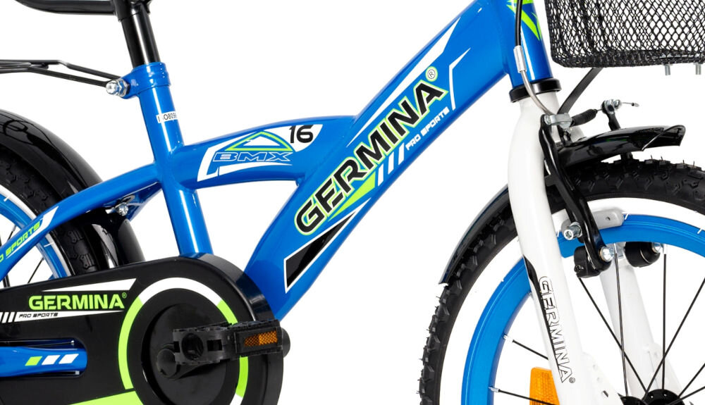 Rower dziecięcy GERMINA BMX 16 cali dla chłopca Niebieski przyjemna komfortowa jazda stalowa rama odporność na uszkodzenia elegancki wygląd geometria dla najmłodszych lekki