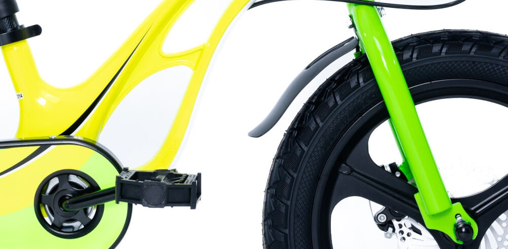 Rower dziecięcy GERMINA Magnesium 16 cali Żółty przyjemna komfortowa jazda stalowa rama odporność na uszkodzenia elegancki wygląd geometria dla najmłodszych lekki