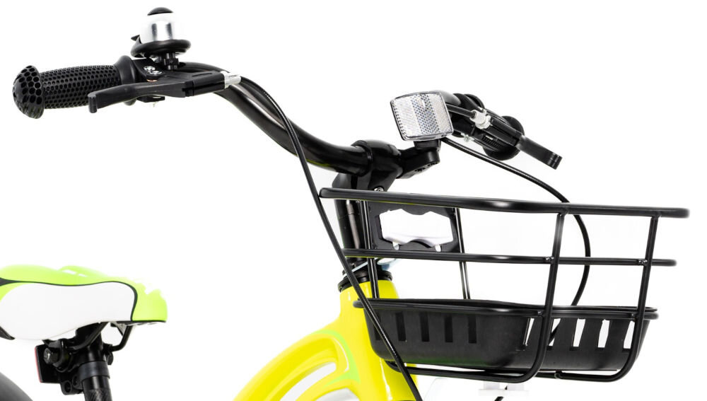 Rower dziecięcy GERMINA Magnesium 16 cali Żółty uchwyty kierownicy antypoślizgowy materiał wyprofilowane kontrola nad pojazdem pewność uroki jazdy koszyk 