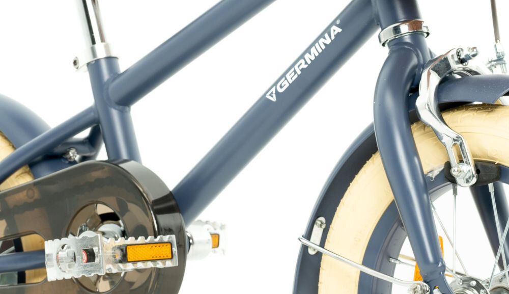 Rower dziecięcy GERMINA Vintage 12 cali dla chłopca Niebieski przyjemna komfortowa jazda stalowa rama odporność na uszkodzenia elegancki wygląd geometria dla najmłodszych lekki