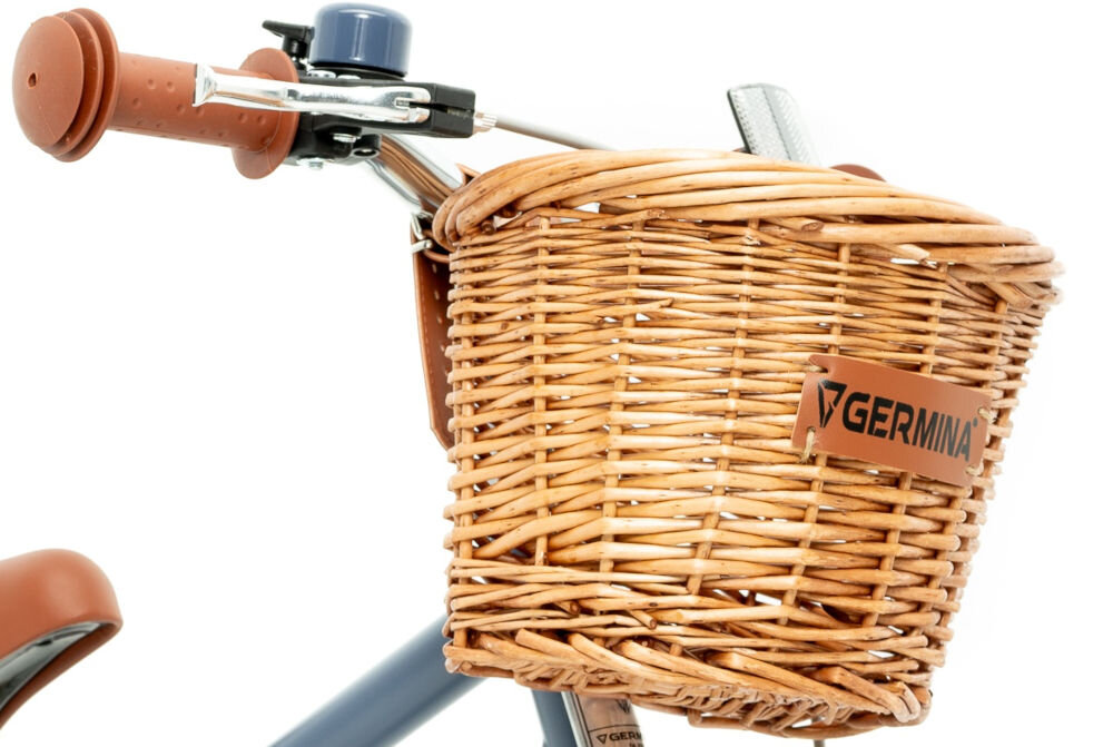 Rower dziecięcy GERMINA Vintage 12 cali dla chłopca Niebieski uchwyty kierownicy antypoślizgowy materiał wyprofilowane kontrola nad pojazdem pewność uroki jazdy koszyk 