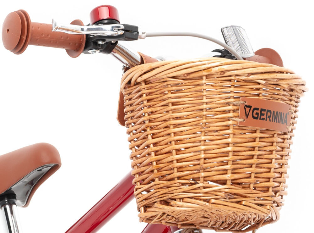 Rower dziecięcy GERMINA Vintage 12 cali dla chłopca Czerwony uchwyty kierownicy antypoślizgowy materiał wyprofilowane kontrola nad pojazdem pewność uroki jazdy koszyk 