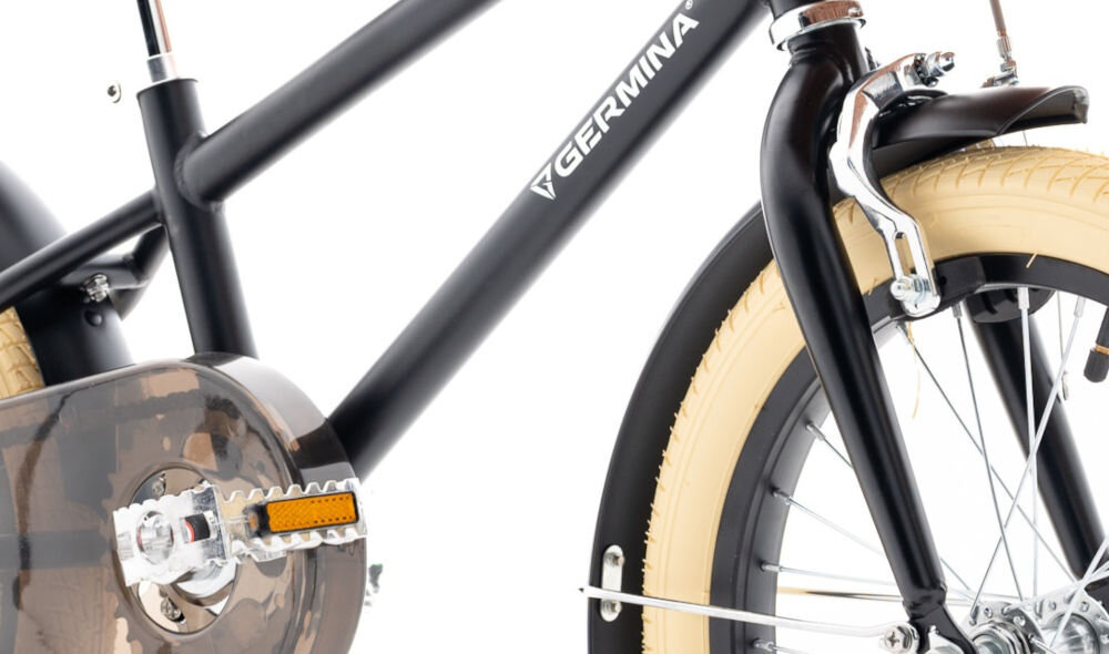 Rower dziecięcy GERMINA Vintage 16 cali dla chłopca Czarny przyjemna komfortowa jazda stalowa rama odporność na uszkodzenia elegancki wygląd geometria dla najmłodszych lekki