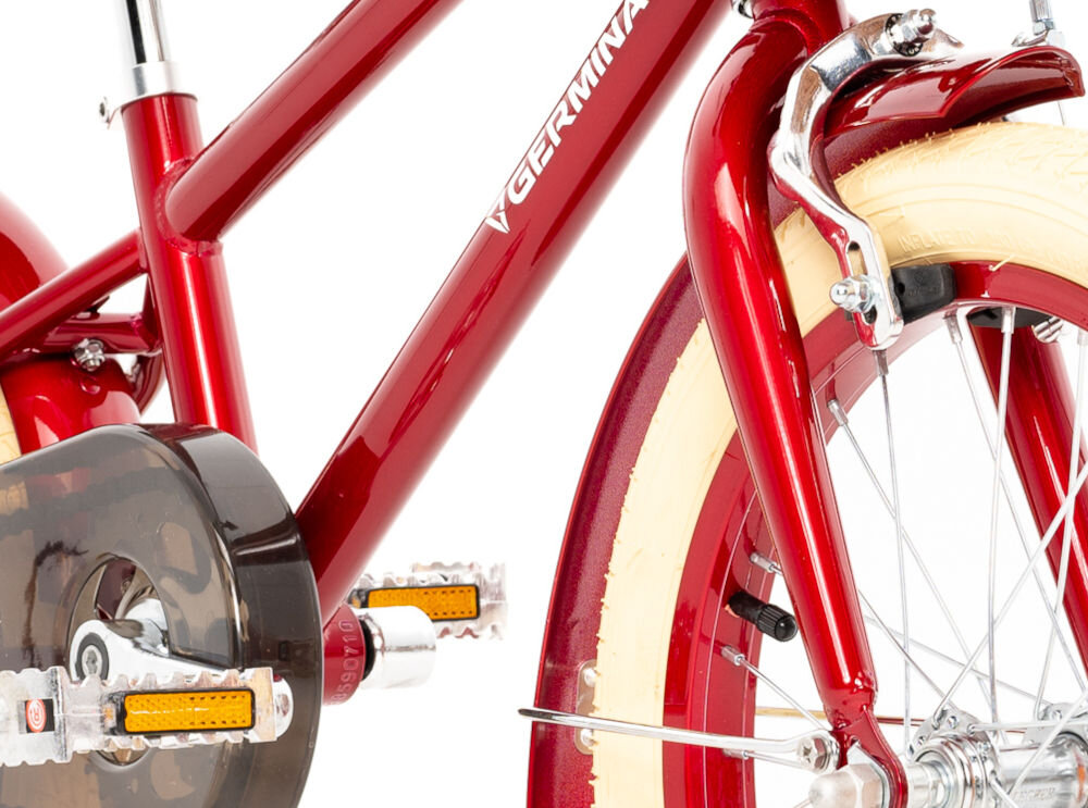 Rower dziecięcy GERMINA Vintage 16 cali dla chłopca Czerwony przyjemna komfortowa jazda stalowa rama odporność na uszkodzenia elegancki wygląd geometria dla najmłodszych lekki