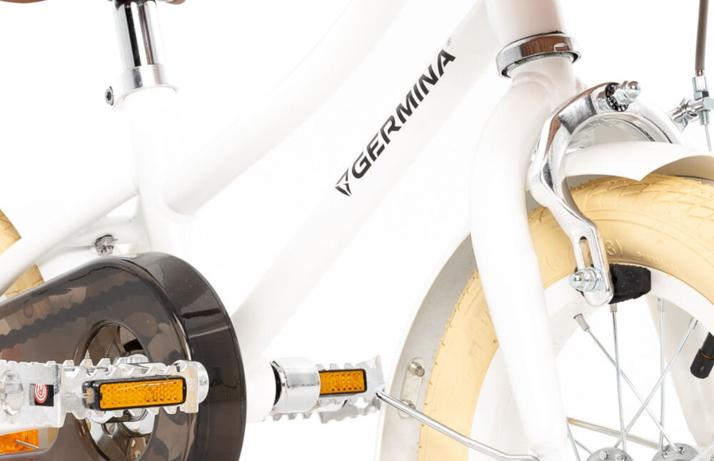 Rower dziecięcy GERMINA Vintage 12 cali dla dziewczynki Biały przyjemna komfortowa jazda stalowa rama odporność na uszkodzenia elegancki wygląd geometria dla najmłodszych lekki
