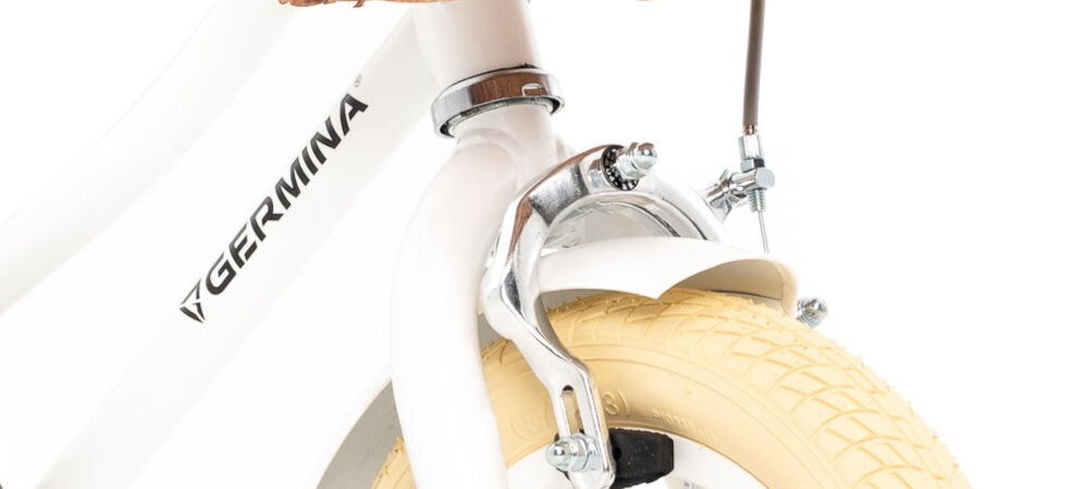 Rower dziecięcy GERMINA Vintage 12 cali dla dziewczynki Biały sprawne hamulce przedni tylny hamulec niezawodne lekkie przeszkoda zatrzymanie