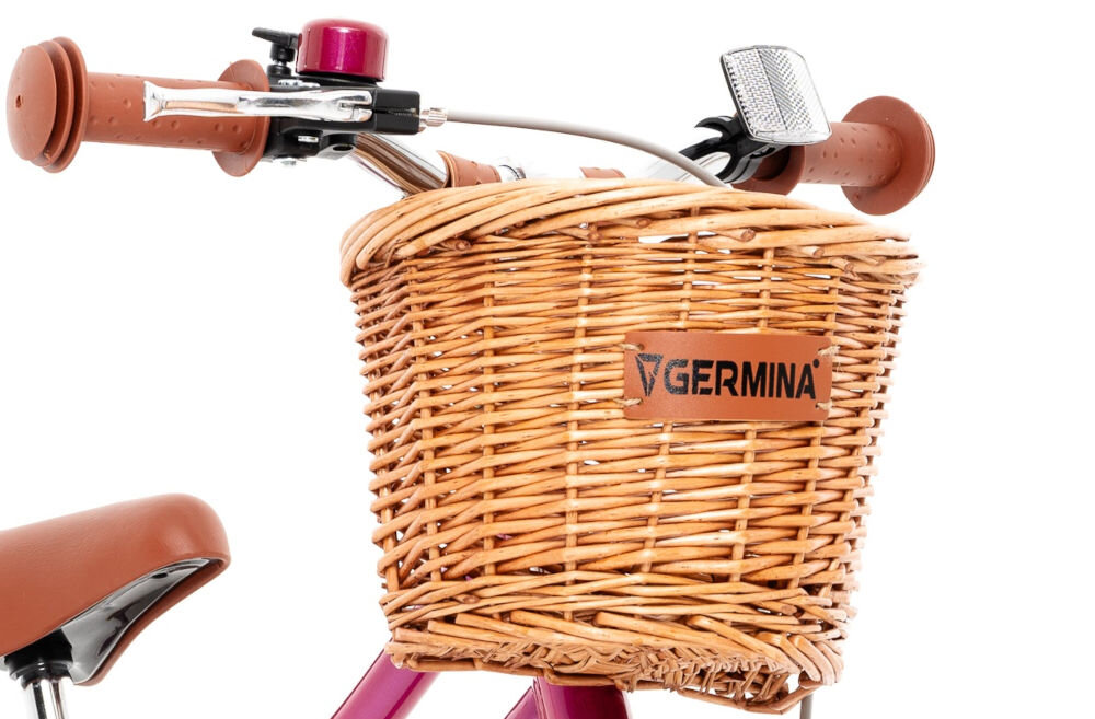 Rower dziecięcy GERMINA Vintage 16 cali dla dziewczynki Fioletowy uchwyty kierownicy antypoślizgowy materiał wyprofilowane kontrola nad pojazdem pewność uroki jazdy koszyk