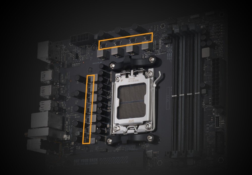 Płyta główna ASUS TUF Gaming B650-E WiFi fragment płyty z gniazdem procesora AM5 i zaznaczoną na pomarańczowo sekcją zasilania VRM