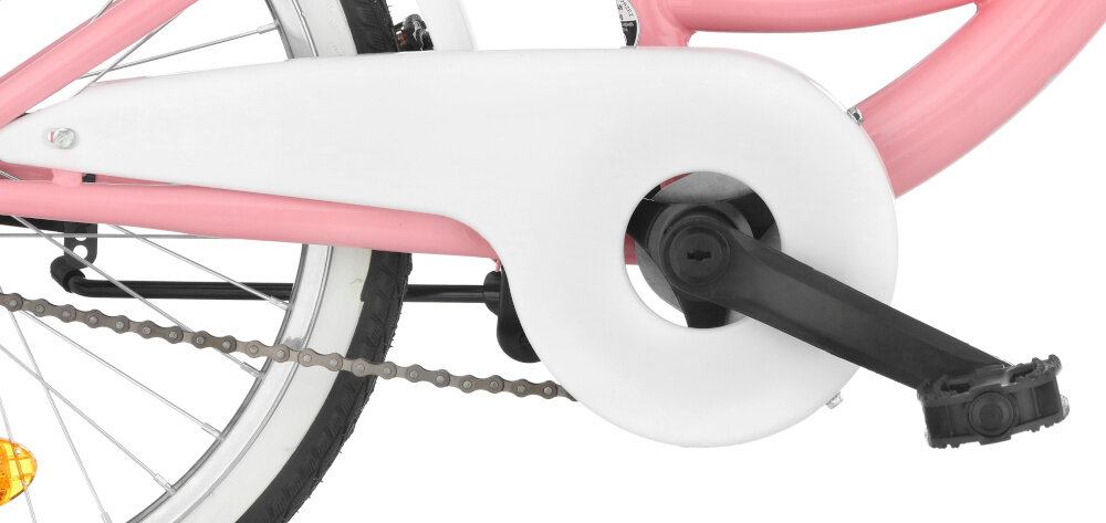 Rower dziecięcy INDIANA Moena 20 cali dla dziewczynki Różowy lancuch ukryty pod stylowa oslona chroni dziecko przed wkreceniem ubrania oslia lencuch przed dostaniem się zabrudzen designerski retro wyglad