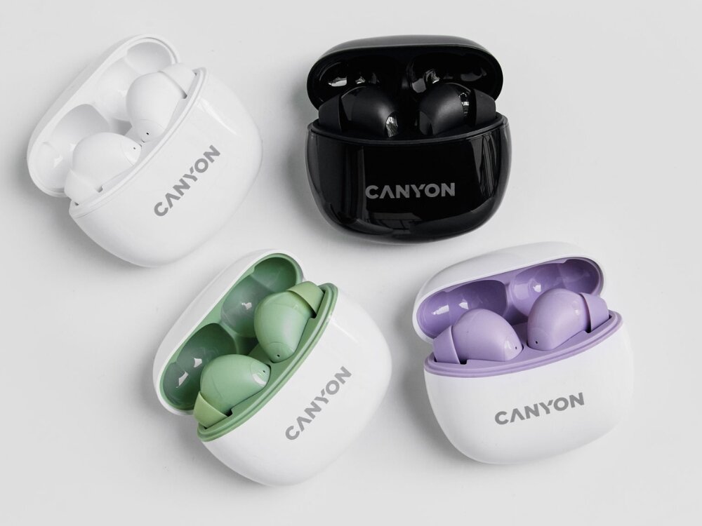Słuchawki dokanałowe CANYON TWS-5 4 kolory sluchawek, zielony, fioletowy, czarn, bialy, pojemnosc, etui, czas dzialania, akumulator