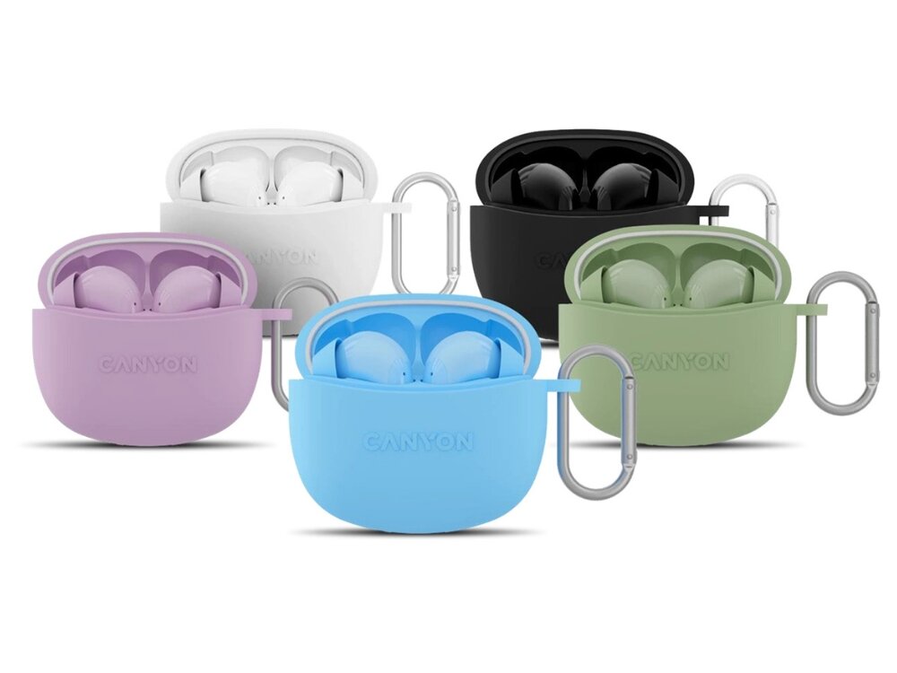 Słuchawki dokanałowe CANYON TWS-5 kolorowe sluchawki w etui, design komfort lekkość dźwięk jakość wrażenia słuchowe ergonomia lekkość sport aktywność podróże czas pracy działanie akumulator
