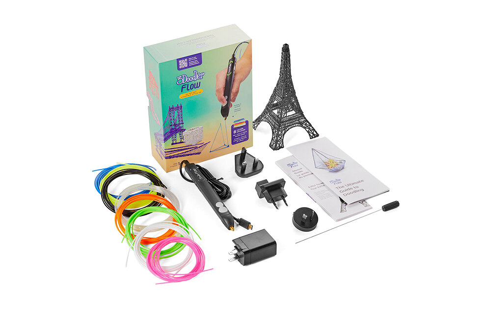 3Doodler Flow Essentials zawartość zestawu: długopis 3D, filamenty, narzędzia, przewodnik, kabel USB