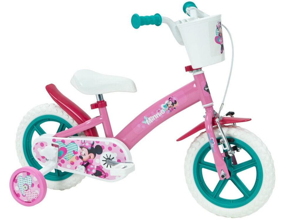 Rower dziecięcy HUFFY Disney Minnie 12 cali dla dziewczynki Różowy rower na białym tle widoczny od przodu pod skosem dla dzieci w wieku od 2 do 3 lat trwałość wytrzymałość mocna konstrukcja myszka Minnie
