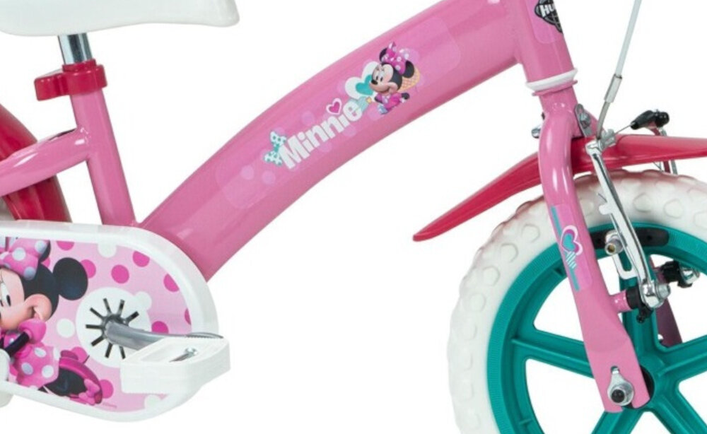Rower dziecięcy HUFFY Disney Minnie 12 cali dla dziewczynki Różowy rower na białym tle zbliżenie na ramę odpowiednio wyselekcjonowane materiały stalowa rama dostosowana do najmłodszych geometria ponadprzeciętna odporność na uszkodzenia mechaniczne i działanie czynników zewnętrznych wybór rozmiaru ramy Twój wzrost mierzony w zrelaksowanej pozycji typ