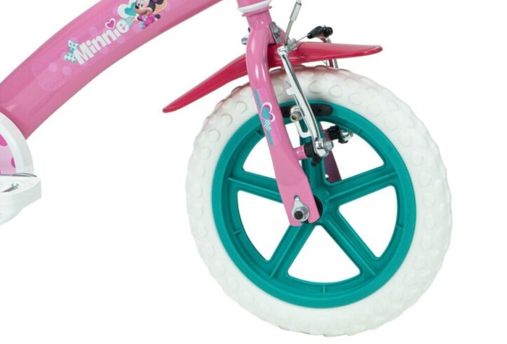 Rower dziecięcy HUFFY Disney Minnie 12 cali dla dziewczynki Różowy zbliżenie na przednie koło zdjęcie na białym tle koła z pianki EVA w rozmiarze 12 cali mocne obręcze z wysokiej jakości tworzywa sztucznego dobra przyczepność obręcze z wysokiej jakości tworzywa sztucznego zachowanie regularnego kształtu kół stabilne trzymanie opony bezpieczna jazda błotniki elegancki osłaniają odzież wygląd regularne sprawdzanie ciśnienia powietrza wartość na bocznej części opony